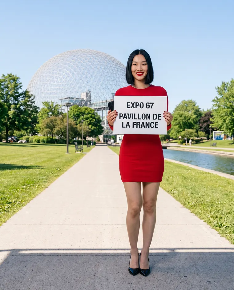 Élodie Chen tient une affiche « Expo 67, Pavillon de la France » dans un parc, un dôme géodésique derrière elle ; image générée.