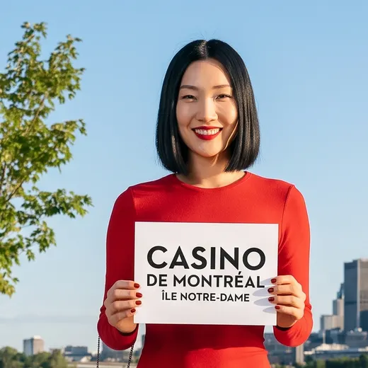 Élodie Chen, cheveux noirs au carré et robe rouge, tient une affiche « Casino de Montréal, île Notre-Dame » au bord du fleuve ; image générée.